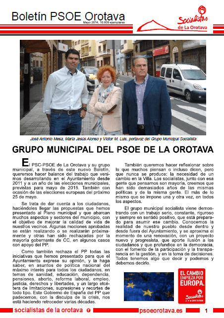 Boletín PSOE Orotava – Mayo&nbsp;2014